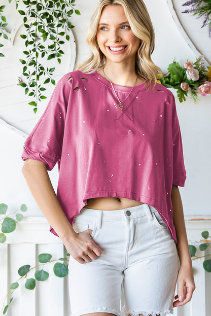 Distressed Asymmetric Hem Cropped Tee Shirt-Angel Casuals