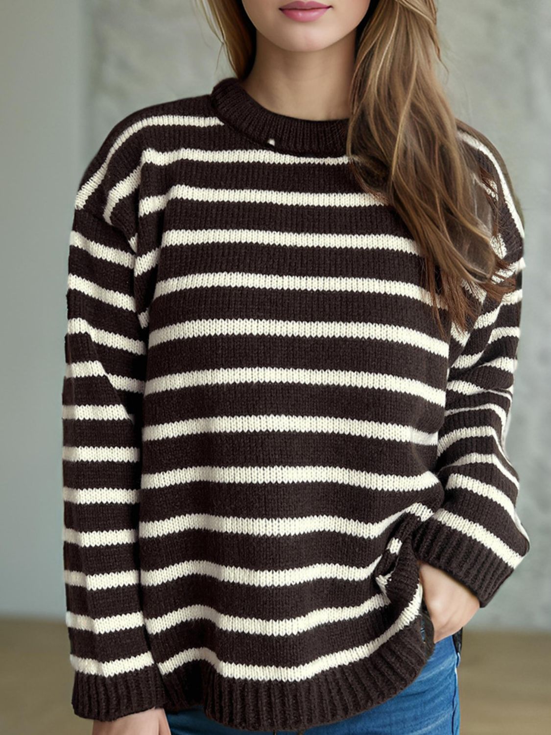 Striped Round Neck Long Sleeve Sweater-Angel Casuals