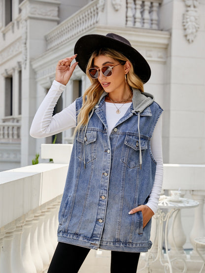 Drawstring Pocketed Button Up Sleeveless Denim Jacket-Angel Casuals