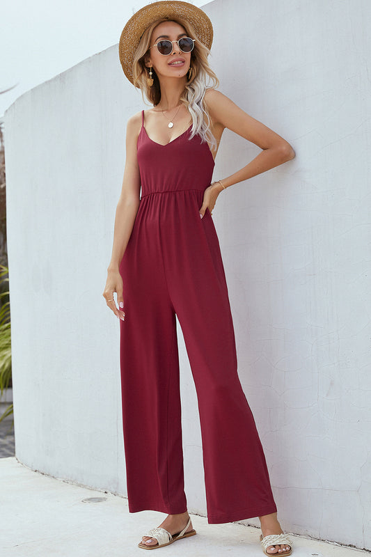 V-Neck Spaghetti Strap Wide Leg Jumpsuit-Angel Casuals