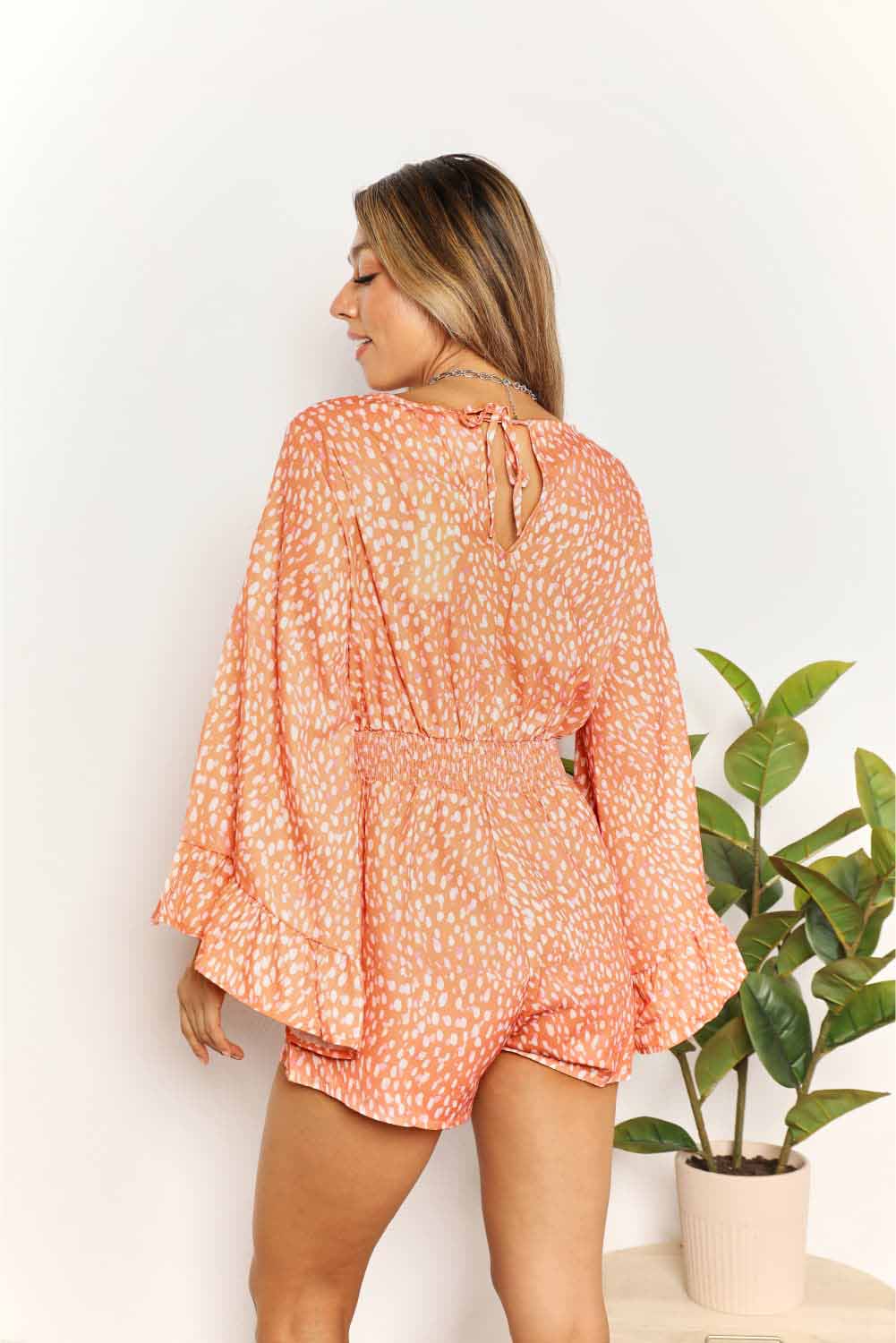 Double Take Printed Flare Sleeve Surplice Romper-Angel Casuals