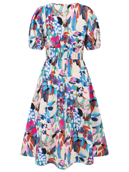 Ruched Printed Surplice Short Sleeve Dress-Angel Casuals