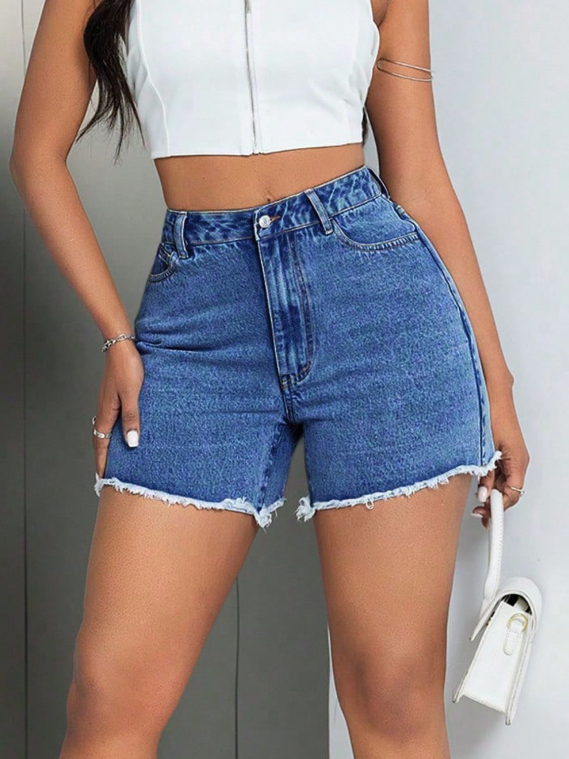 Raw Hem High Waist Denim Shorts-Angel Casuals