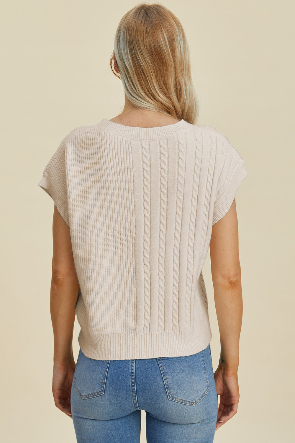 Double Take Full Size Cable-Knit Round Neck Short Sleeve Sweater-Angel Casuals