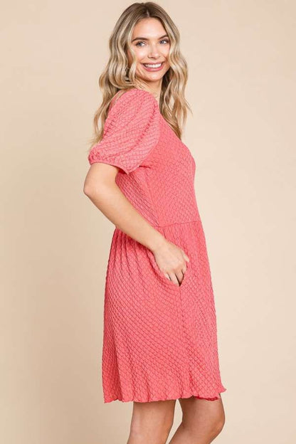 Culture Code Full Size Textured Round Neck Puff Sleeve Dress-Angel Casuals