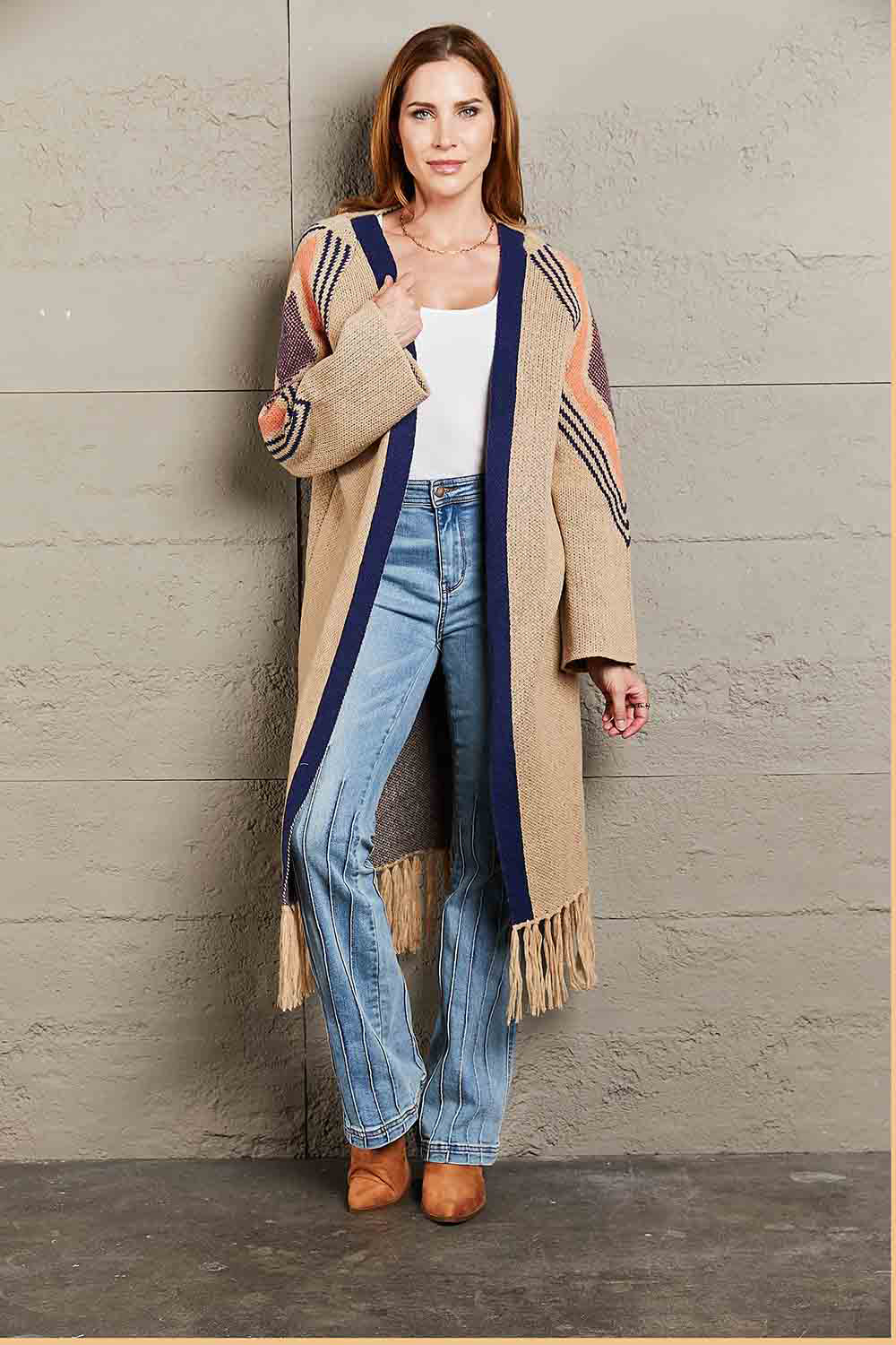 Geometric Fringe Hem Open Front Duster Cardigan-Angel Casuals