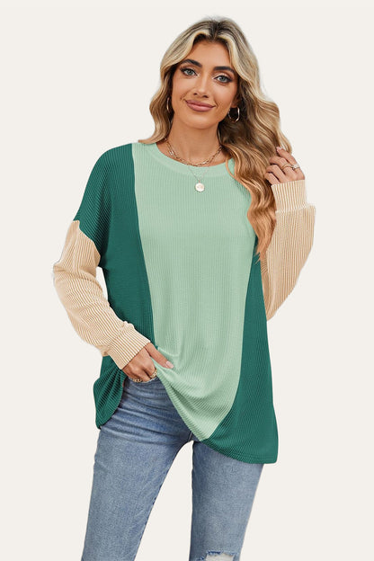Double Take Texture Contrast Round Neck Long Sleeve T-Shirt-Angel Casuals