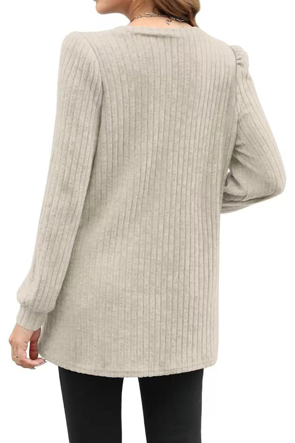 Ribbed Round Neck Long Sleeve T-Shirt-Angel Casuals