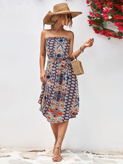 Printed Strapless Tie Belt Dress-Angel Casuals