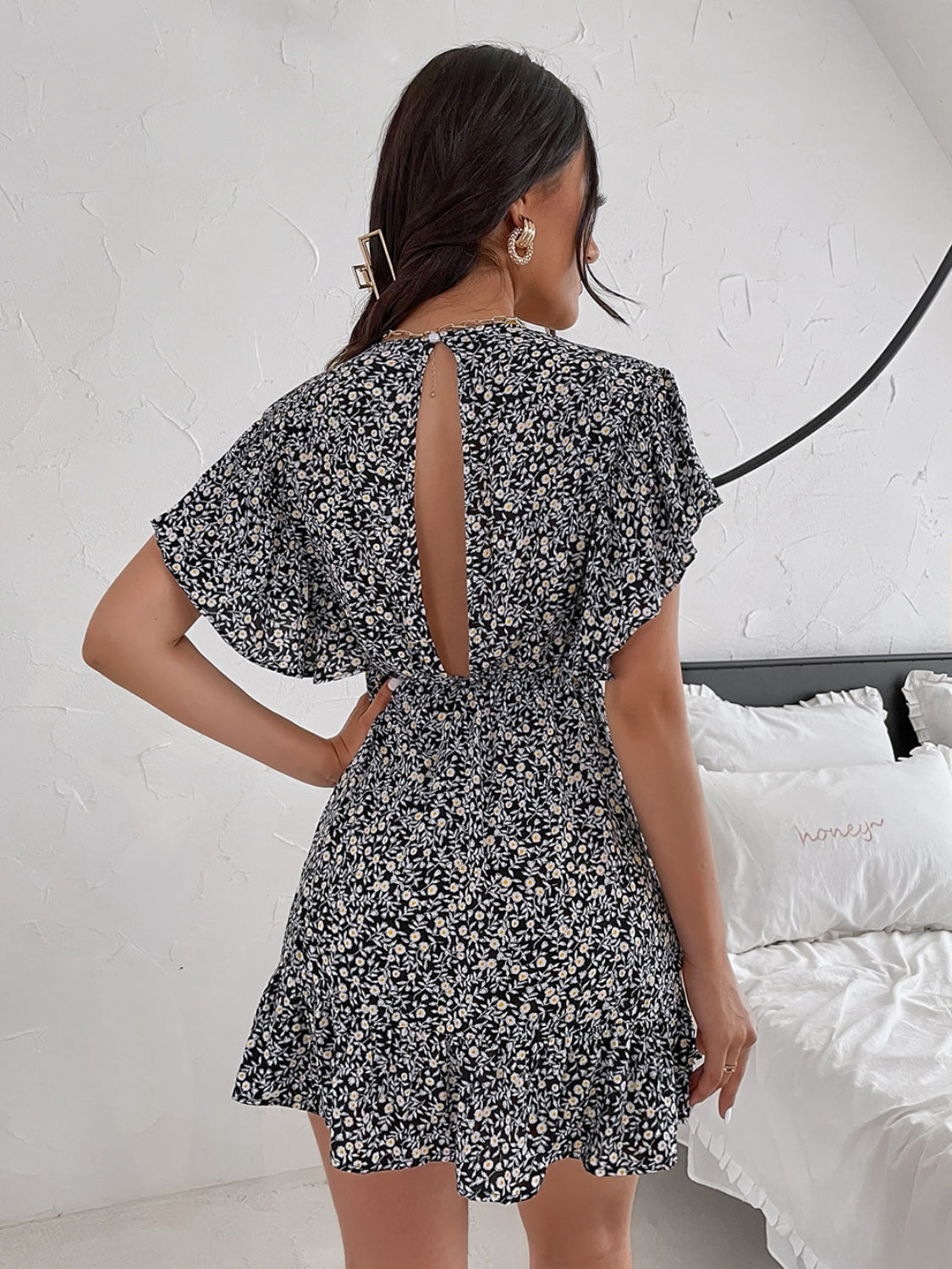 Cutout Ditsy Floral Surplice Flounce Sleeve Dress-Angel Casuals