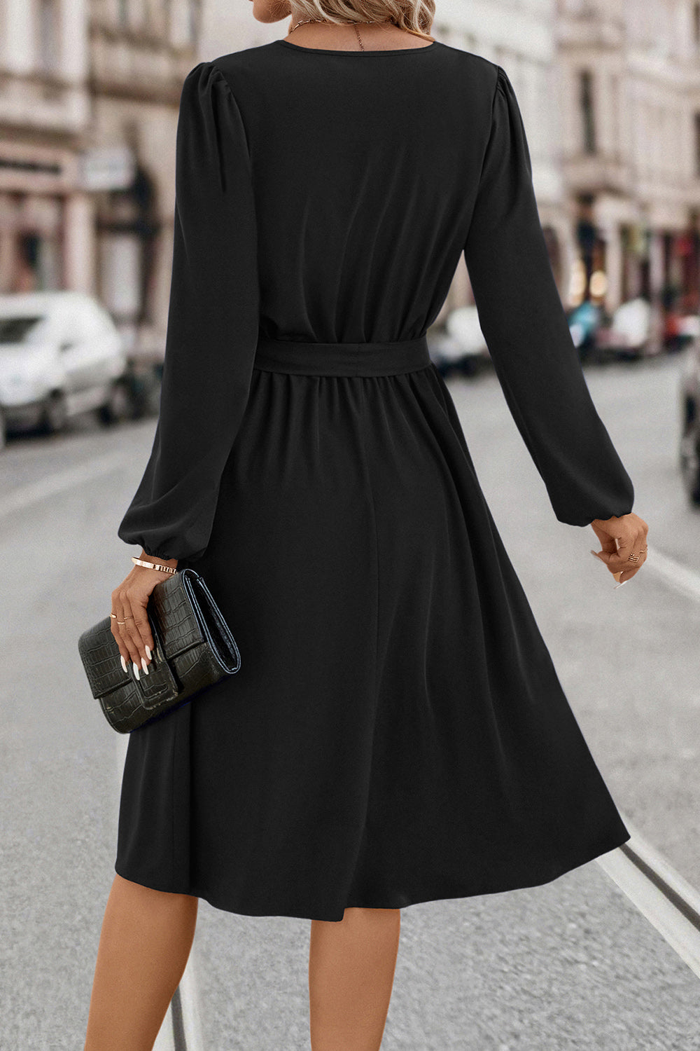 Tie Waist Notched Neck Long Sleeve Dress-Angel Casuals