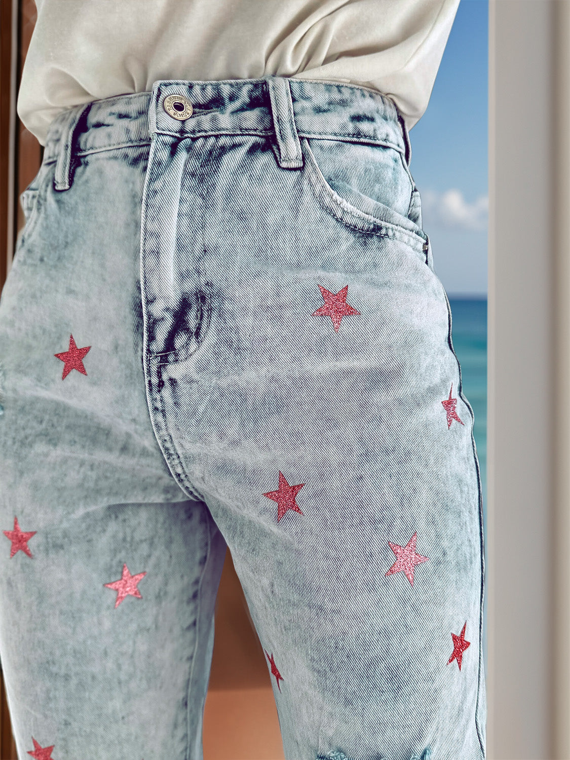 Distressed Star Jeans with Pockets-Angel Casuals