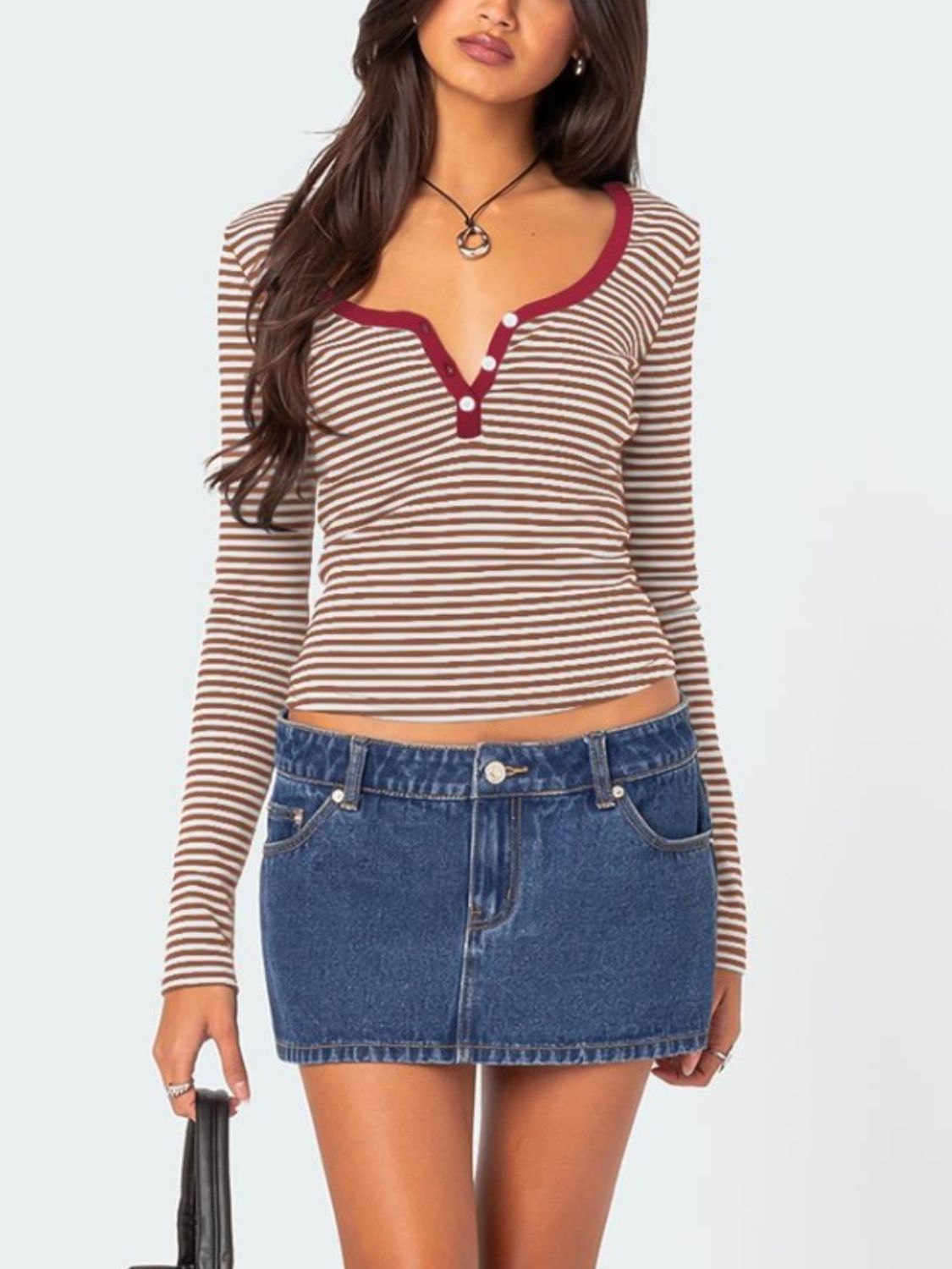Buttoned Striped Long Sleeve T-Shirt-Angel Casuals