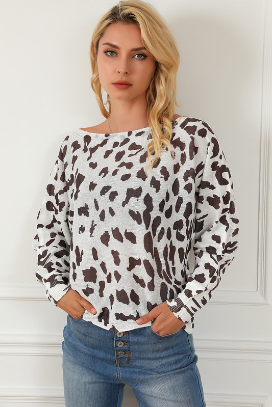 Leopard Boat Neck Long Sleeve Sweater-Angel Casuals