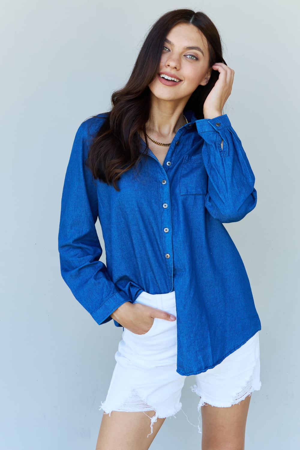 Doublju Blue Jean Baby Denim Button Down Shirt Top in Dark Blue-Angel Casuals