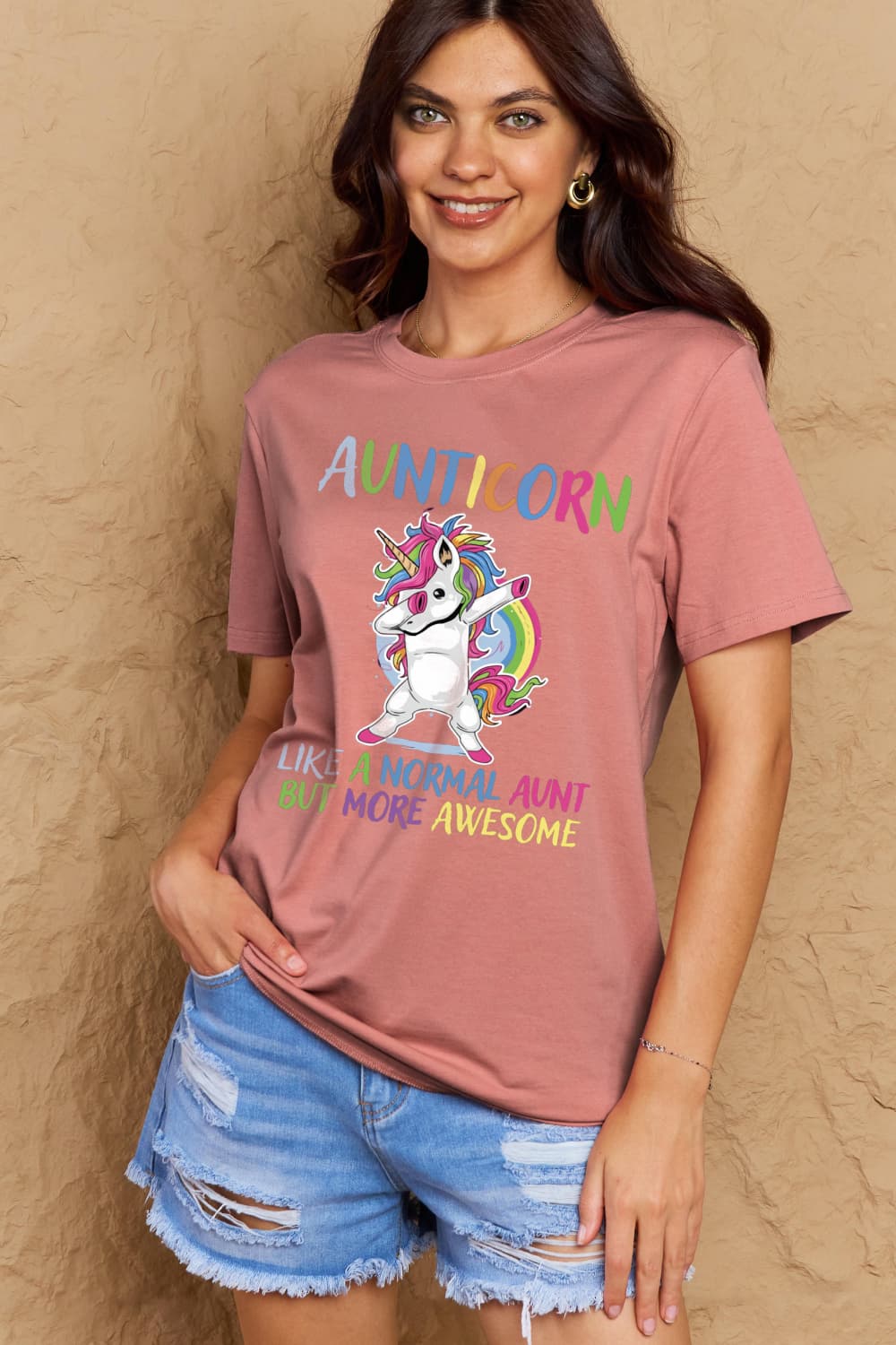 Simply Love Full Size AUNTICORN LIKE A NORMAL AUNT BUT MORE AWESOME Graphic Cotton Tee-Angel Casuals