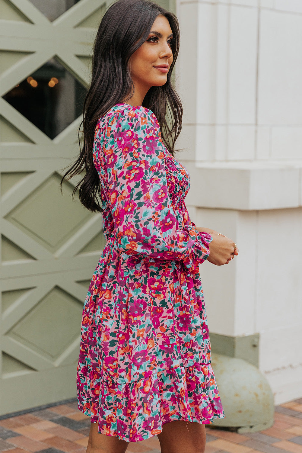 Floral Smocked V-Neck Flounce Sleeve Dress-Angel Casuals