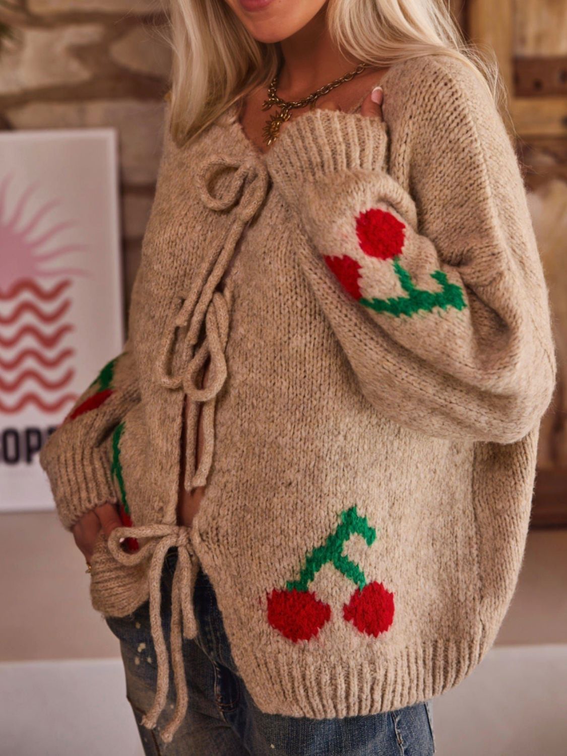 Tied Cherry Round Neck Long Sleeve Cardigan-Angel Casuals