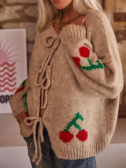 Tied Cherry Round Neck Long Sleeve Cardigan-Angel Casuals