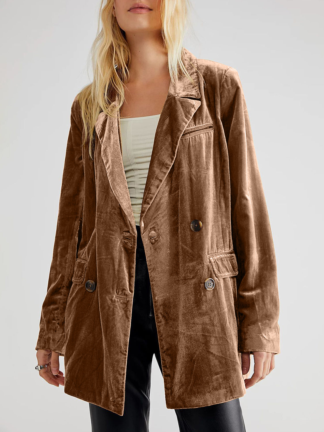 Lapel Collar Long Sleeve Blazer with Pockets-Angel Casuals