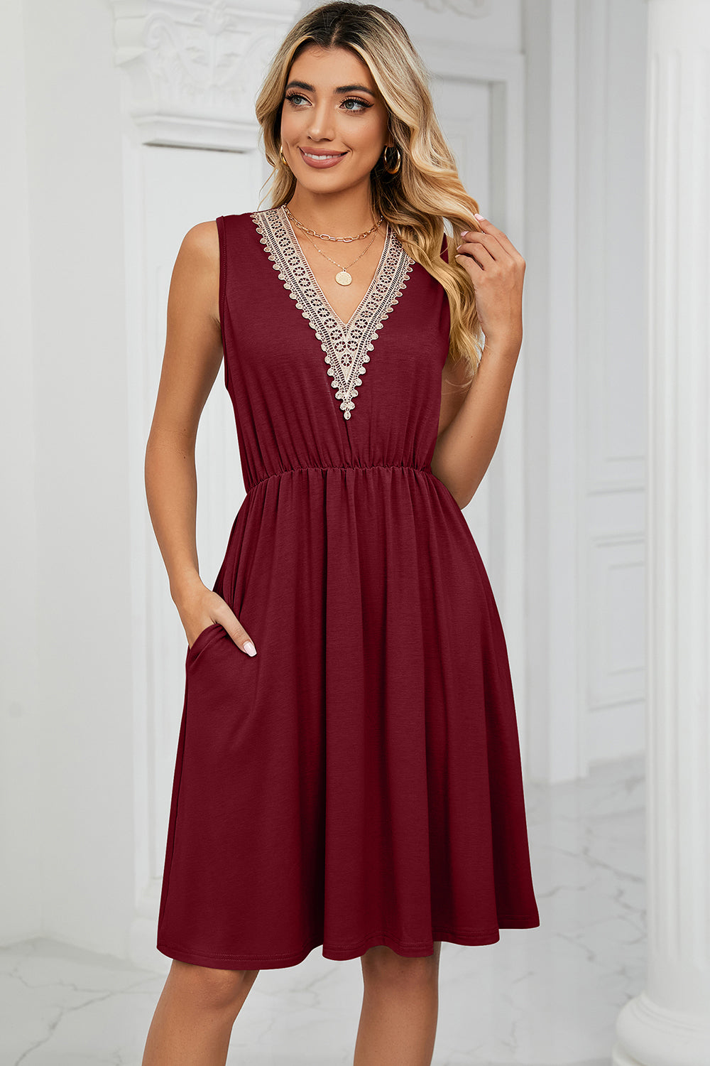 Pocketed V-Neck Wide Strap Dress-Angel Casuals