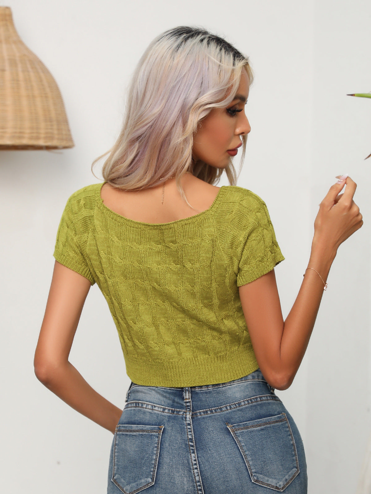 Cable-Knit Round Neck Short Sleeve Knit Top-Angel Casuals