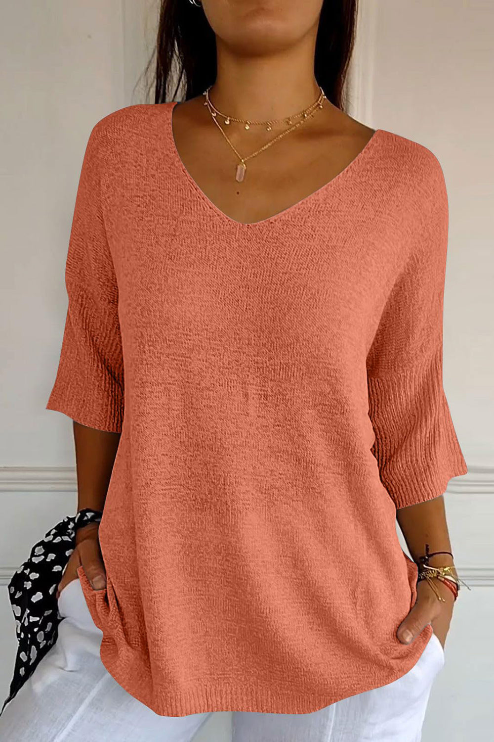 V-Neck Three-Quarter Sleeve Knit Top-Angel Casuals