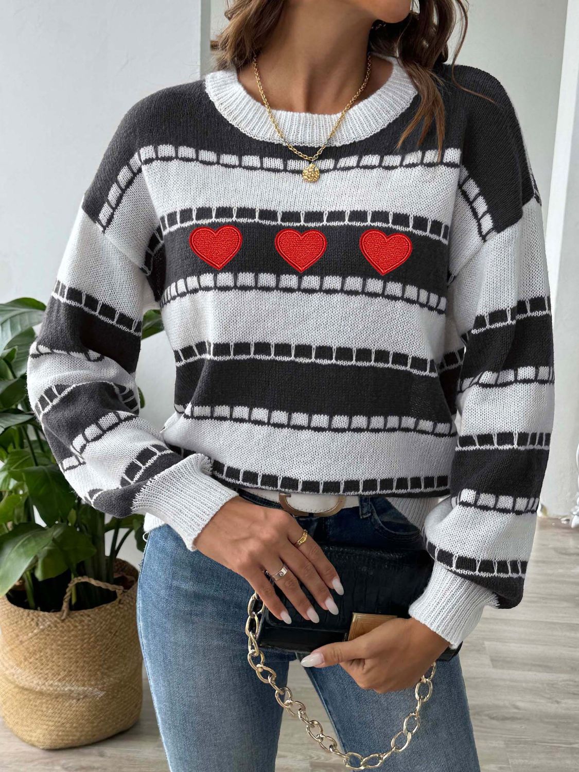 Heart Round Neck Long Sleeve Sweater-Angel Casuals