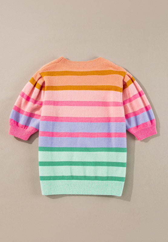 Striped Round Neck Half Sleeve Sweater-Angel Casuals