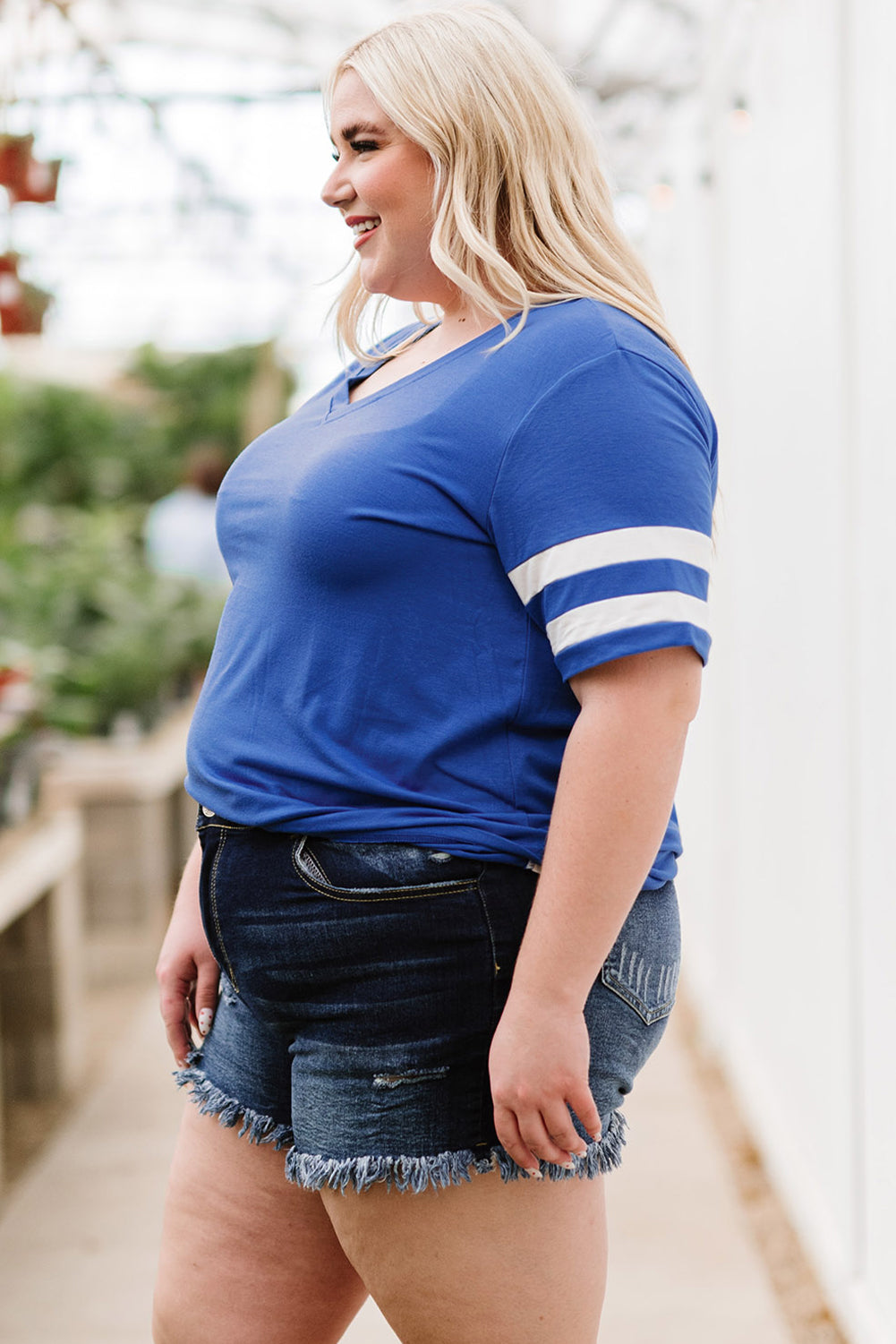 Plus Size Striped V-Neck Tee Shirt-Angel Casuals