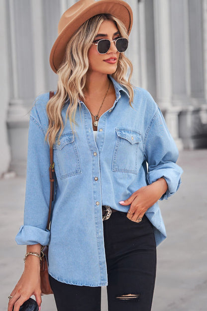 Collared Neck Dropped Shoulder Denim Top-Angel Casuals