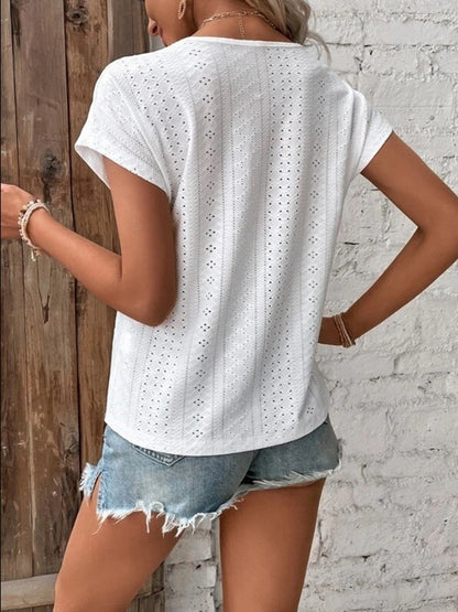 Eyelet V-Neck Short Sleeve T-Shirt-Angel Casuals