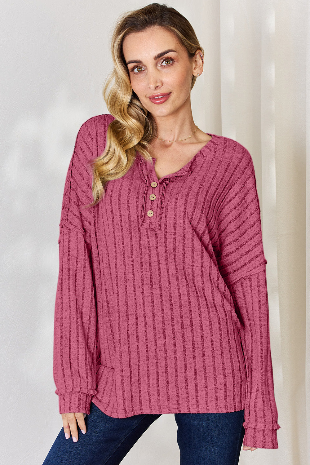 Basic Bae Full Size Ribbed Half Button Long Sleeve T-Shirt-Angel Casuals