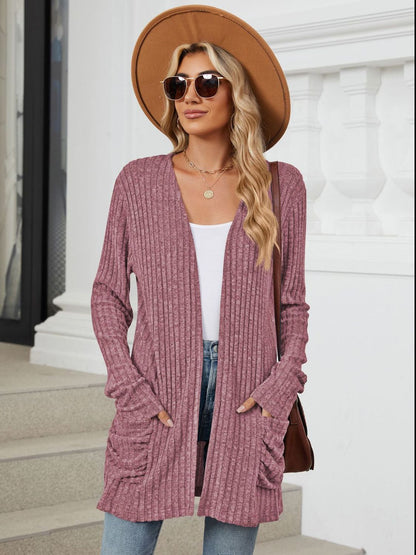 Pocketed Open Front Long Sleeve Cardigan-Angel Casuals