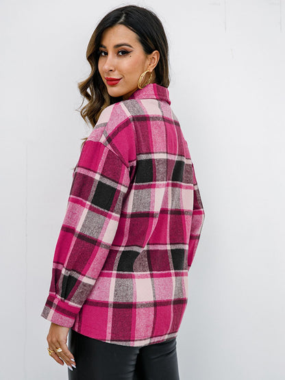 Plaid Button Up Collared Neck Jacket-Angel Casuals