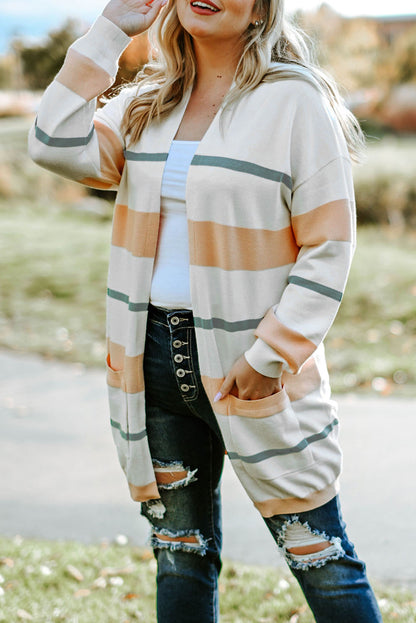 Plus Size Striped Open Front Cardigan-Angel Casuals