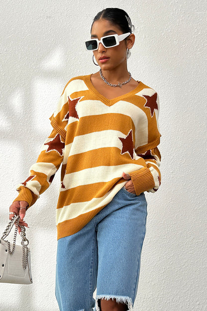 Star Pattern V-Neck Cutout Sweater-Angel Casuals