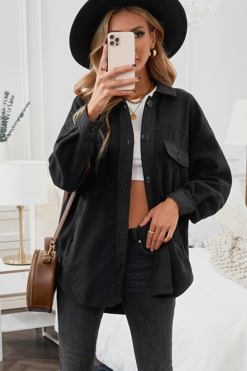 Button Up Collared Neck Long Sleeve Jacket-Angel Casuals