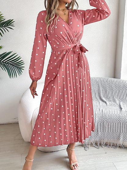 Tied Polka Dot Long Sleeve Midi Dress-Angel Casuals