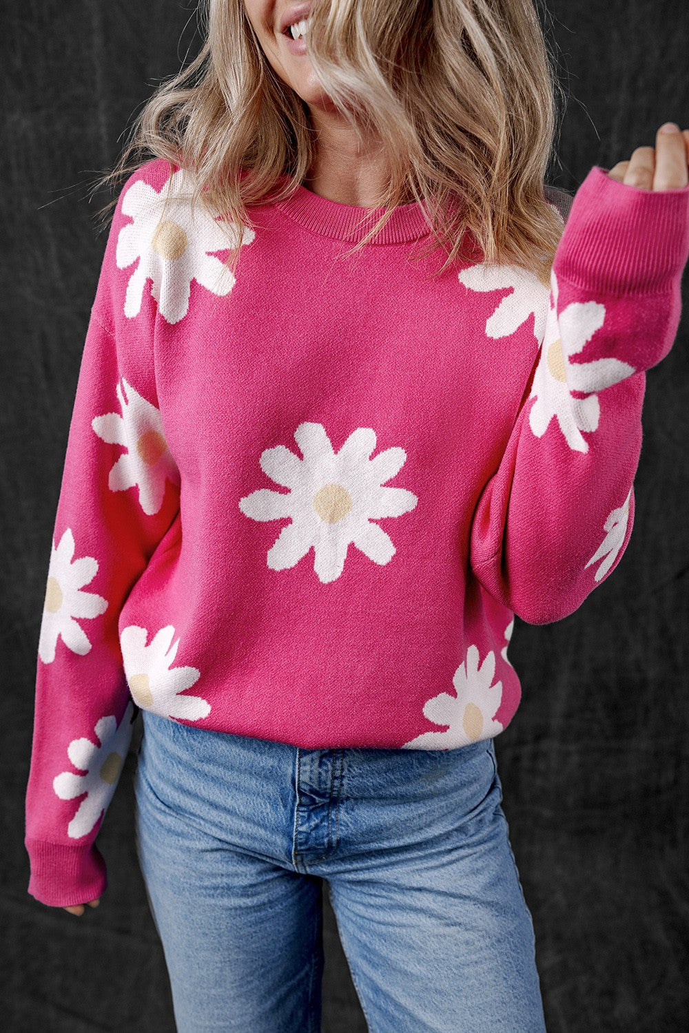 Daisy Round Neck Dropped Shoulder Sweater-Angel Casuals