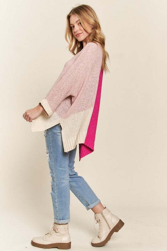 ADORA Side Slit Color Block Long Sleeve Sweater-Angel Casuals