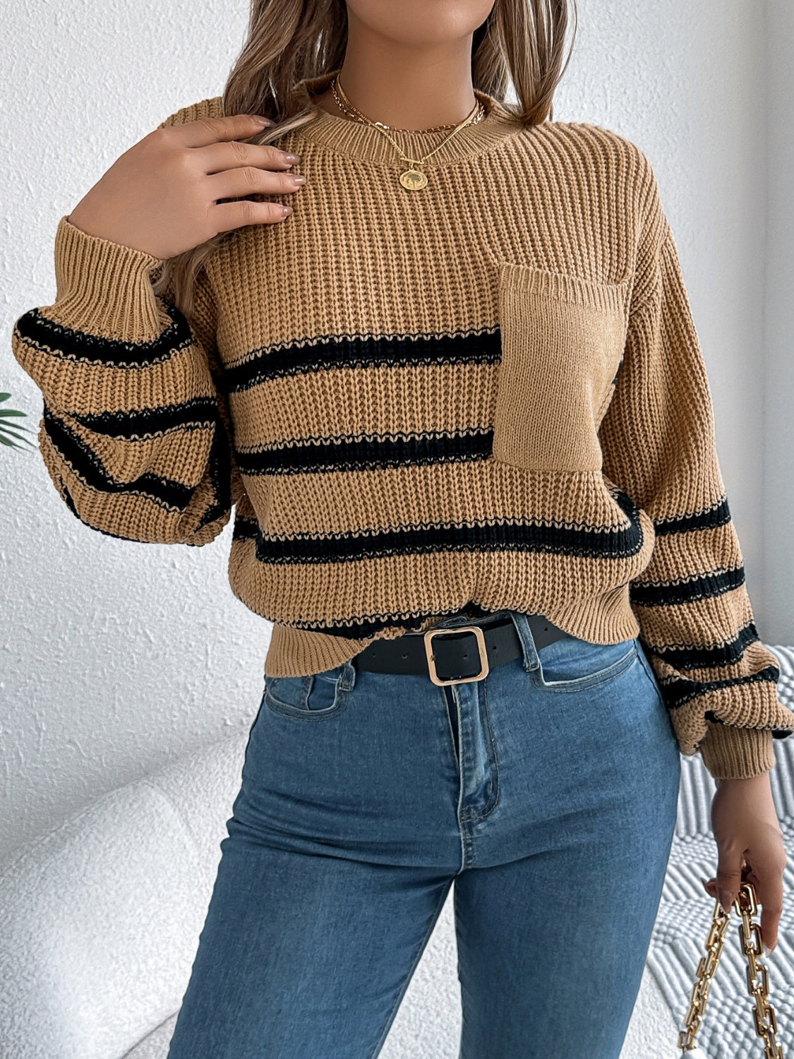 Striped Round Neck Long Sleeve Sweater-Angel Casuals