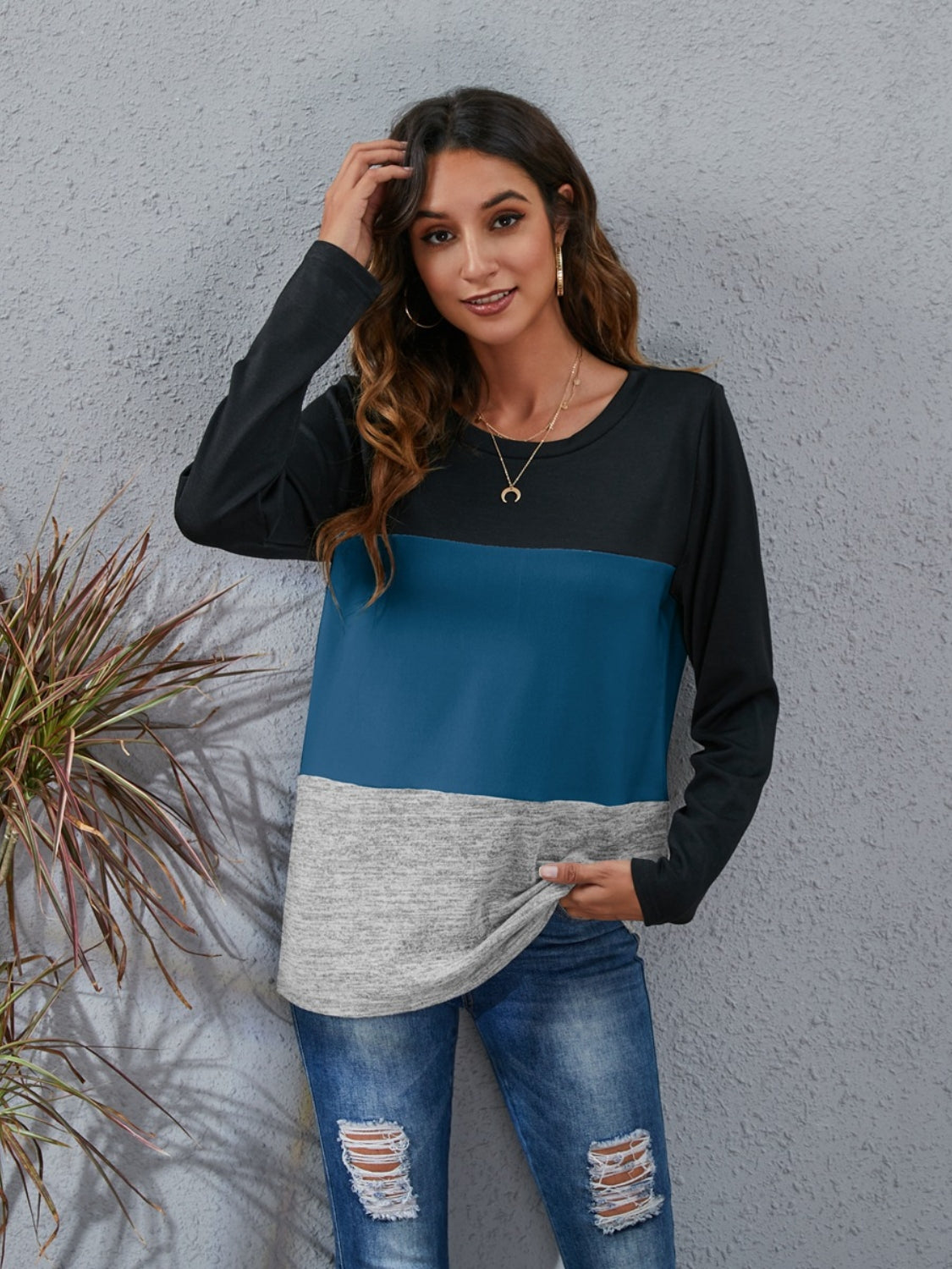 Color Block Round Neck Long Sleeve T-Shirt-Angel Casuals