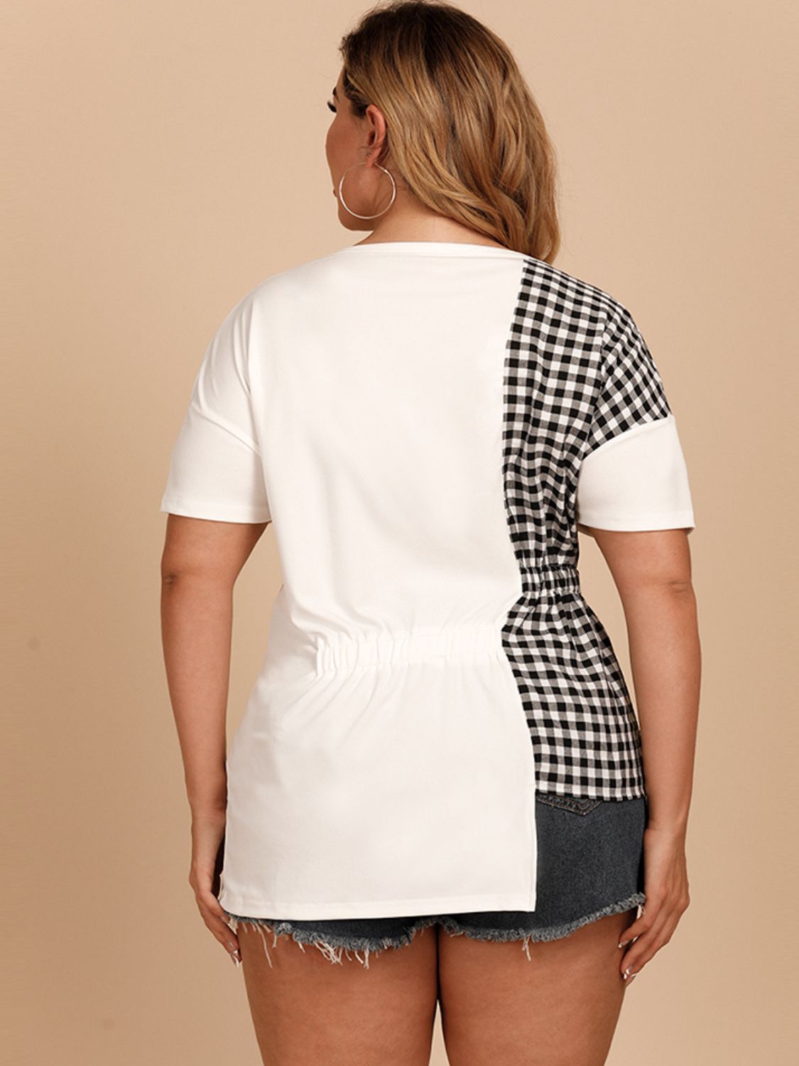 Plus Size Gingham Color Block Asymmetrical T-Shirt-Angel Casuals