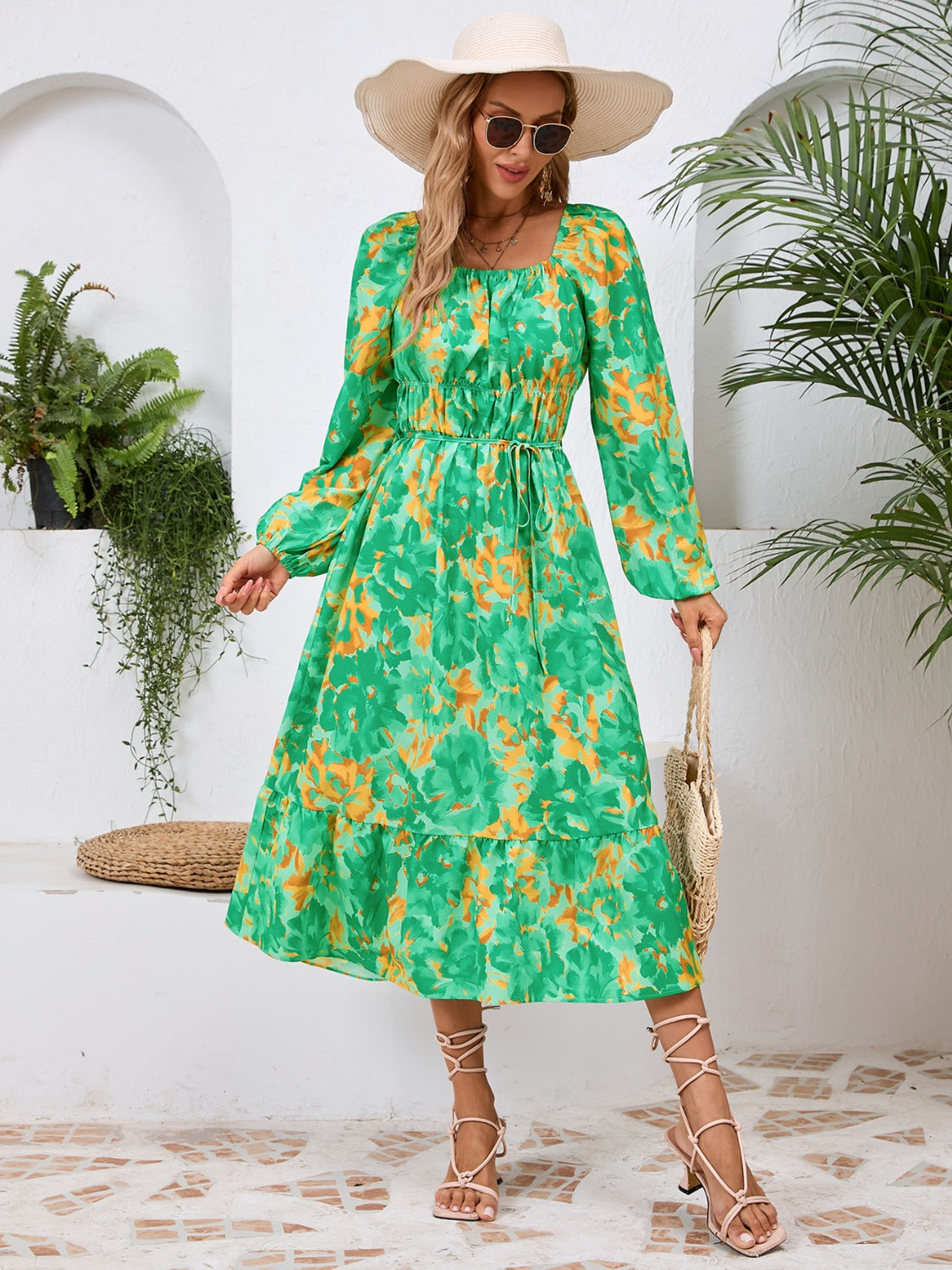 Printed Long Sleeve Midi Dress-Angel Casuals