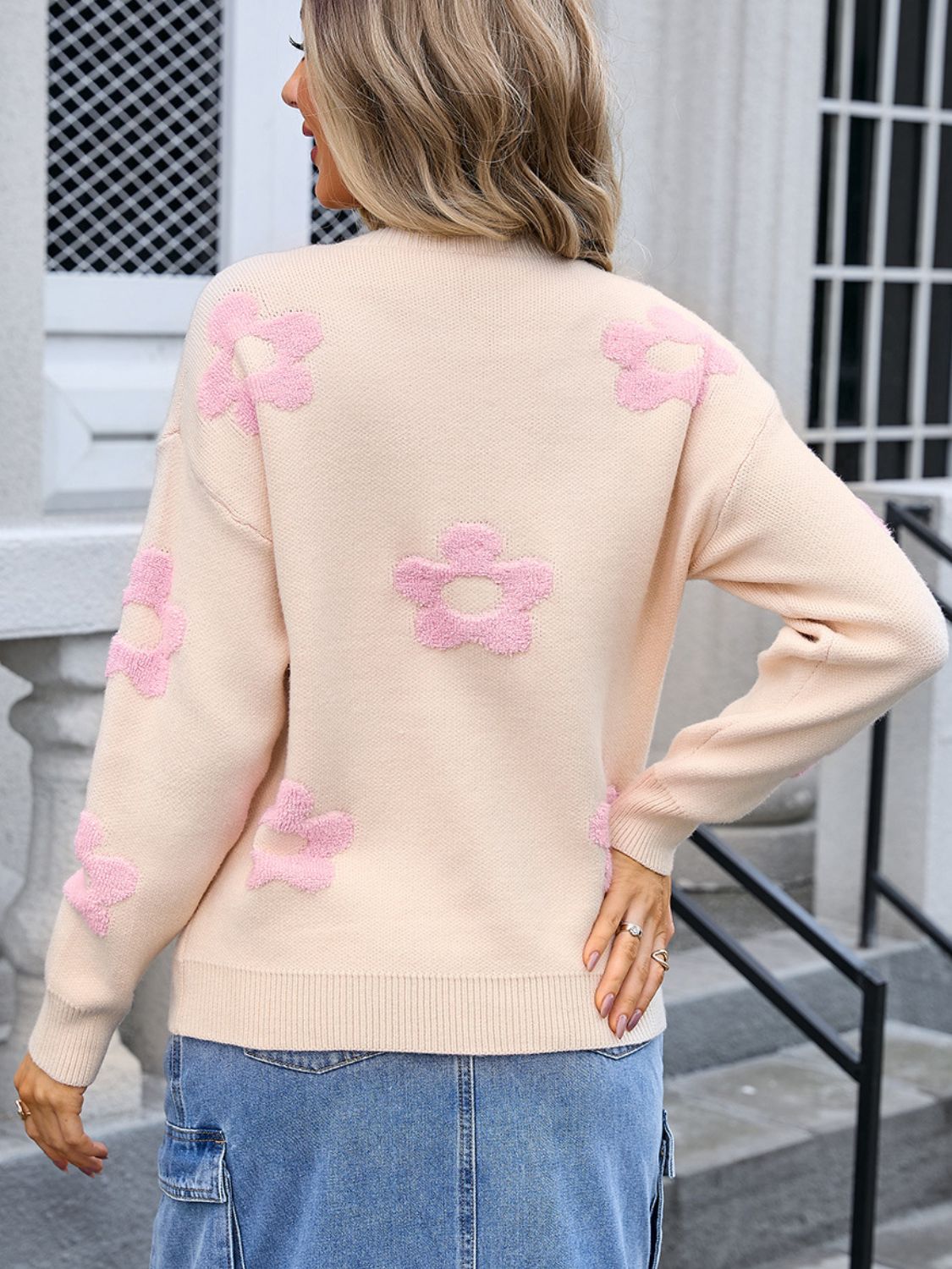 Angel Wings Flower Round Neck Long Sleeve Sweater-Angel Casuals