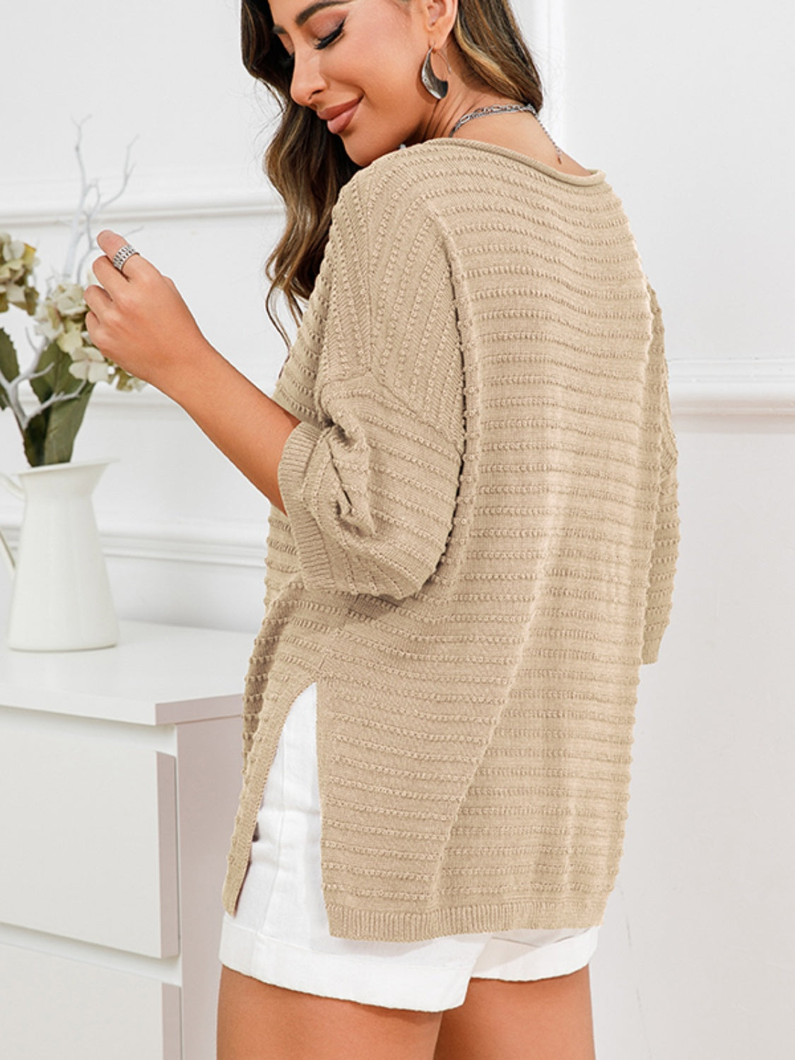 Rolled Round Neck Dropped Shoulder Slit Sweater-Angel Casuals