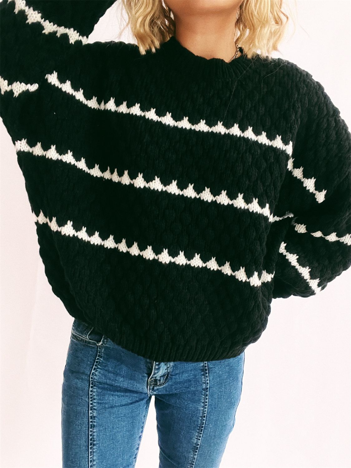 Contrast Stripes Round Neck Long Sleeve Sweater-Angel Casuals