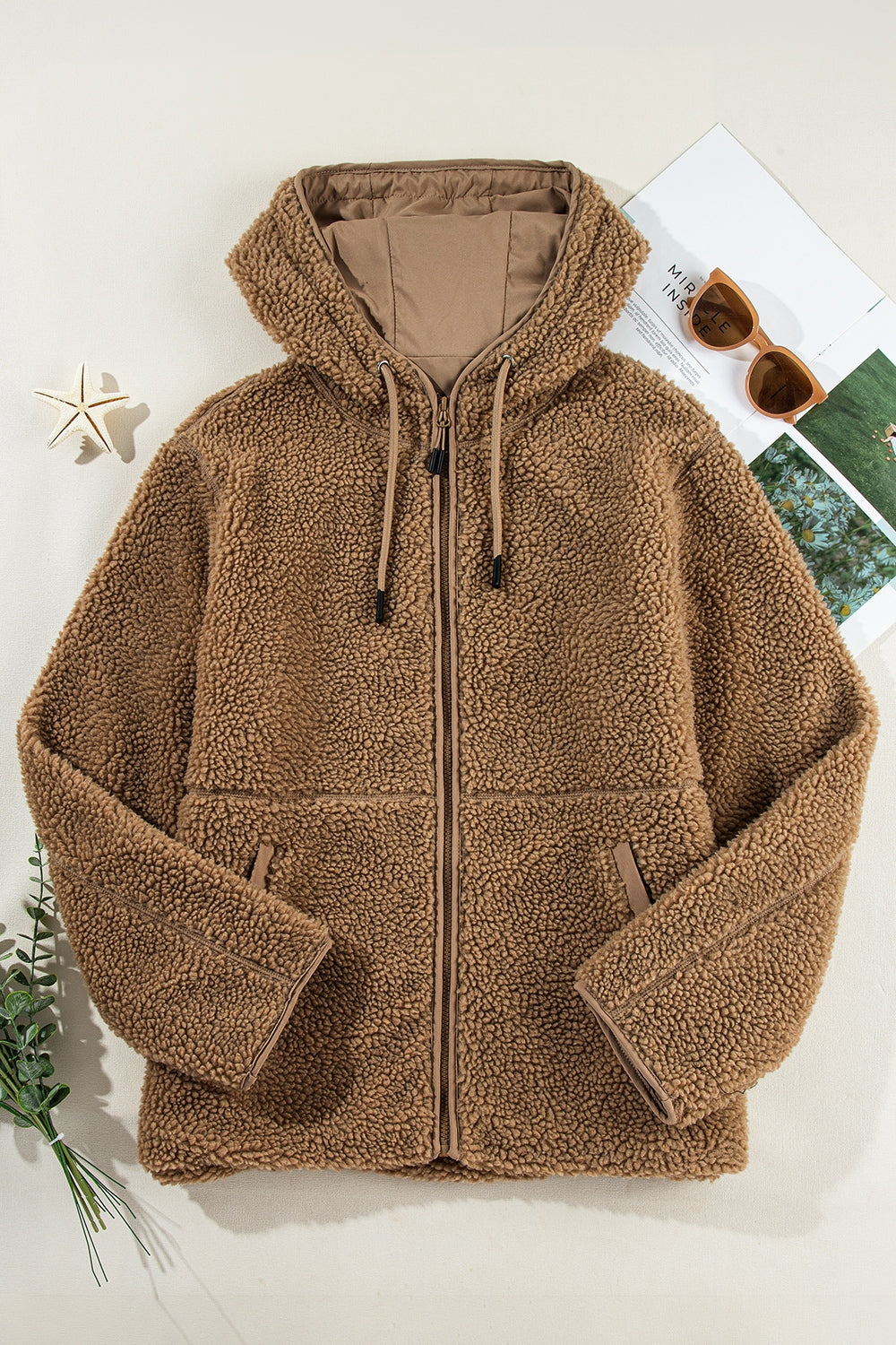 Drawstring Fleece Zip Up Hooded Jacket-Angel Casuals