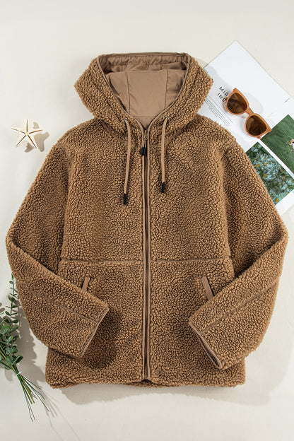 Drawstring Fleece Zip Up Hooded Jacket-Angel Casuals